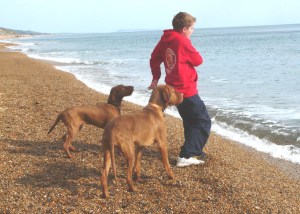 11th April - at Lyme Bay - skimming stones with Phoenix and Fred